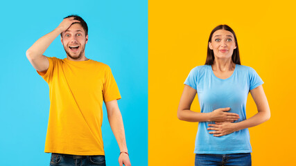 Woman touching her stomach, man grabbing head