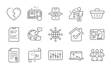 Augmented reality, Group and Target path line icons set. International globe, Seo strategy and Technical documentation signs. Shopping basket, Broken heart and Attachment symbols. Vector