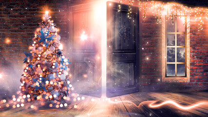 New Year tree with toys in the interior, open doors, magic light, old brick wall. Festive fabulous interior with garlands and lights. background for postcards. 