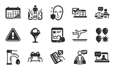 Vip shopping, Balloon dart and Ice cream icons simple set. Tap water, Internet report and Court judge signs. Give present, Augmented reality and Online survey symbols. Flat icons set. Vector