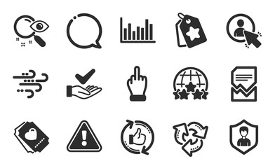 Love ticket, Dermatologically tested and Middle finger icons simple set. Security agency, Bar diagram and Recycle signs. Windy weather, Rating stars and User symbols. Flat icons set. Vector