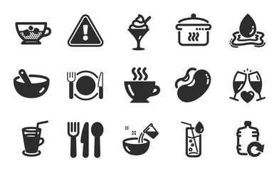 Wedding glasses, Water glass and Cooking water icons simple set. Restaurant food, Ice cream and Food signs. Cooking mix, Cold coffee and Boiling pan symbols. Beans, Coffee and Cocktail. Vector