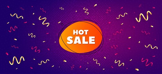 Hot sale banner. Festive confetti background with offer message. Discount sticker shape. Coupon bubble icon. Best advertising confetti banner. Hot sale badge shape. Celebrate party background. Vector