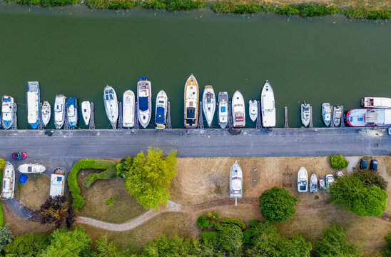France, Aisne, Saint-Quentin, Aerial view of boats moored along CanalÔøΩdeÔøΩSaint-Quentin
