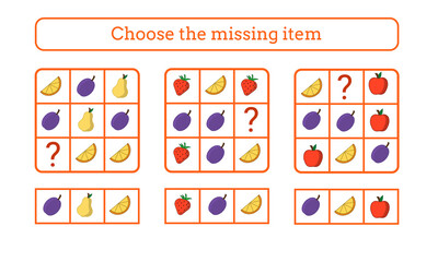 Choose the missing item. Edusational game for children. Food and fruits.