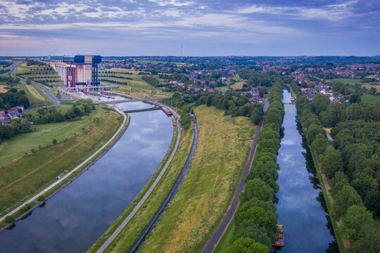 Belgium, Hainaut Province, Aerial view of Canal du Centre and&Ocirc;&oslash;&Omega;Strepy-Thieu boat lift