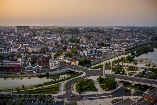 France, Aisne, Saint-Quentin, Aerial view of CanalÔøΩdeÔøΩSaint-Quentin and surrounding city at dusk