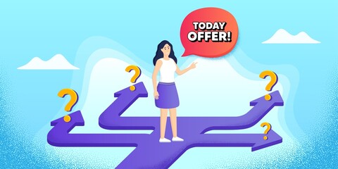 Today offer symbol. Future path choice. Search career strategy path. Special sale price sign. Advertising discounts symbol. Directions with question marks. Today offer banner. Vector