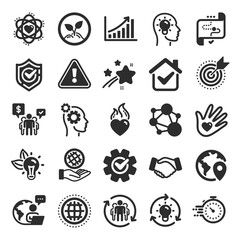 Core values icons. Integrity, Target purpose and Strategy. Trust handshake, social responsibility, commitment goal icons. Growth chart, innovation, core values network. Flat icon set. Vector