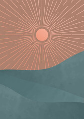 Modern trendy boho wall decor. Mid century minimalist landscape illustration. Rose sun with circle of rays and textured mountains vector illustration. 