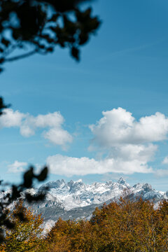 Clouds over peaks of Picos de Europa range in autumn