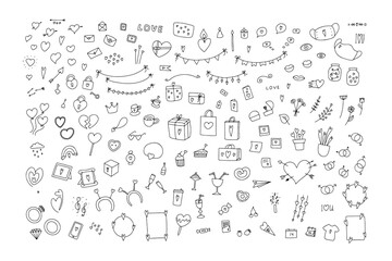 Big Doodle Valentine's Day set. Hand drawn love symbos isolated on white background. Cute greeting cards, envelopes, gifts, accessories with hearts. Balloons, message, flowers sign. Vector illustratin
