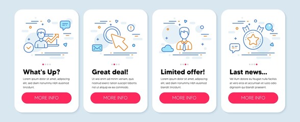 Obraz na płótnie Canvas Set of Business icons, such as Click here, Businessman, Success business symbols. Mobile app mockup banners. Ranking star line icons. Push button, User data, Growth chart. Winner medal. Vector