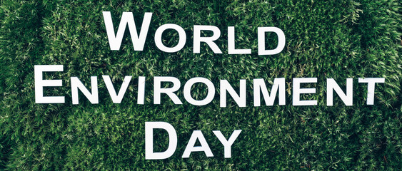 Fototapeta premium Inscription World environment day on moss, green grass background. Top view. Copy space. Banner. Biophilia concept. Nature backdrop. June 5th - World environment day concept.