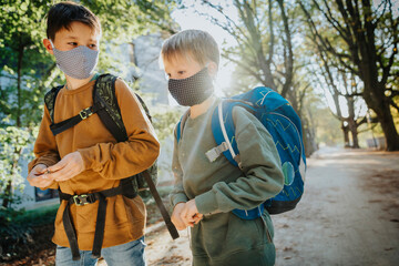 Brothers wearing protective face mask while walking in public park on sunny day