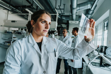 Young woman examining human brain slide while standing with coworker in background at laboratory