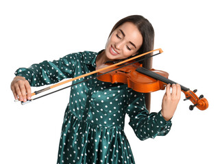 Beautiful woman playing violin on white background