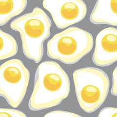 Seamless pattern with yellow fried eggs on a gray background. Vector illustration in trending colors of 2021 - ultimate grey and illuminating. Protein food for breakfast. Appetizing tasty eggs.