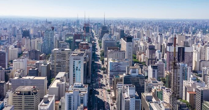 Avenida Paulista, aerial view of the urban landscape on sunny day and blue sky. Sao Paulo, Brazil