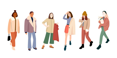 A set of women dressed in fashionable modern clothes. Flat vector illustration 