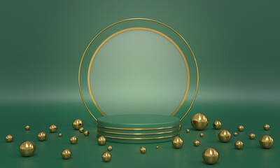 Podium, green background stand with golden balls, spheres and glass round. Premium background for advertising goods, items. 3D render.