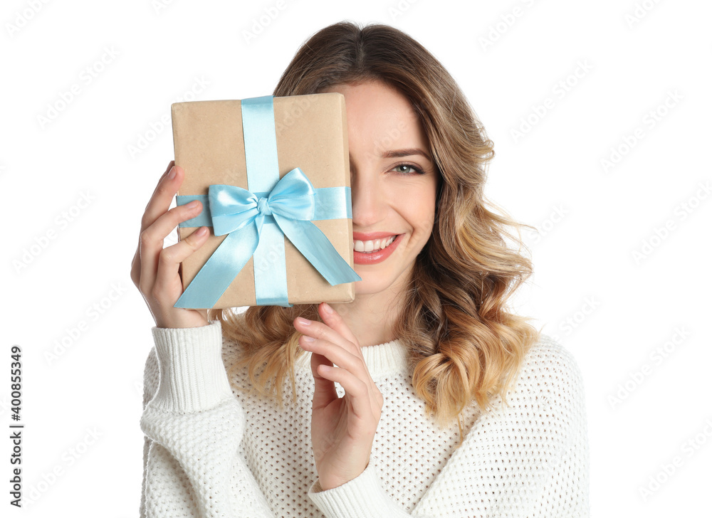 Sticker Beautiful young woman with Christmas present on white background