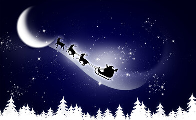 Naklejka premium Magic Christmas eve. Santa with reindeers flying in sky on full moon night