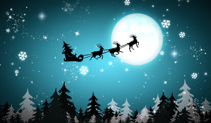 Obraz na płótnie Canvas Magic Christmas eve. Reindeers pulling Santa's sleigh in sky on full moon night