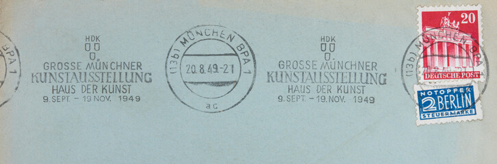 Briefmarke stamp frankiert cancel post letter mail brief deutschland alt vintage retro old brandenburger tor steuermarke notopfer berlin slogan werbung kunstausstellung münchen 1949 blau blue rot red 