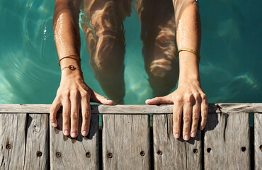 Woman swimming in pool on sunny day