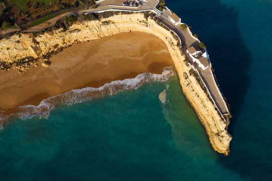 Portugal, Faro District, Drone view of Fort of Nossa Senhora da Rocha and Praia Nova beach