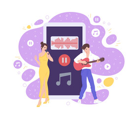 Musicians against backdrop of mobile phone flat vector illustration isolated.