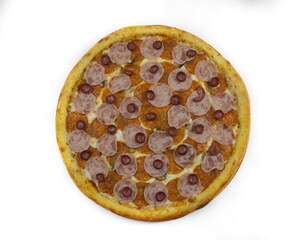 pizza with round sausage on white