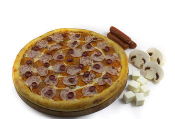 pizza with sausage with sausage, cheese and mushrooms