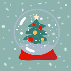 Fototapeta na wymiar Hand-drawn snowball with Christmas tree. Winter holiday theme. Isolated on a blue background with snowflakes. Vector illustration.