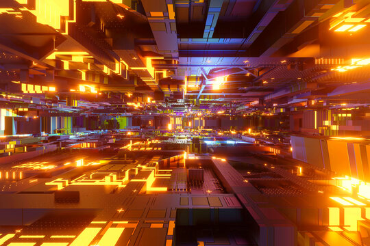 3D rendered Illustration inside CPU illuminated digital hardware