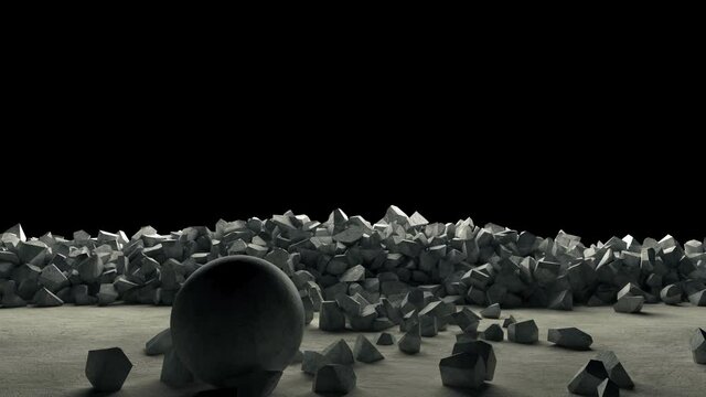 Destroyed concrete wall by heavy steel ball at dark background
