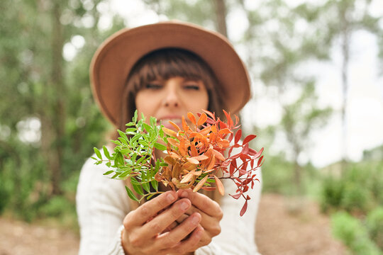 Woman holding Pistacia Lentiscus leaves in forest