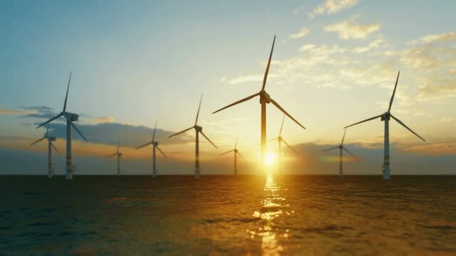 Offshore wind turbines in the sea. Windmill farm from aerial view. Professional 4K animation