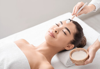 Obraz na płótnie Canvas Beauty Treatment. Beautician applying clay mask to asian woman at spa salon