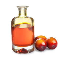 Palm oil in glass bottle and fruits on white background