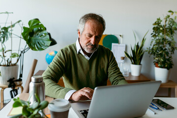 Mature man working on laptop while sitting at home