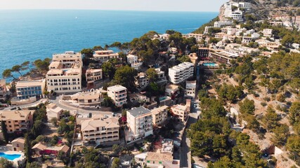 Fototapeta premium Marina and beach at bay seaside of Port de Soller on Mallorca, panoramic aerial view. High quality photo