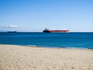 Cargo ship moored near the coast