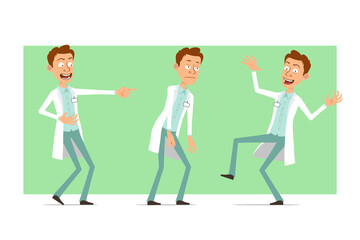 Cartoon flat funny doctor man character in white uniform with badge. Boy sad, tired, laughing and dance. Ready for animation. Isolated on green background. Vector set.