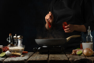 Professional chef pours tomato paste into pan with frying chicken. Backstage of cooking traditional Indian chicken curry on dark blue background. Frozen motion. Concept cooking process. Frozen motion.