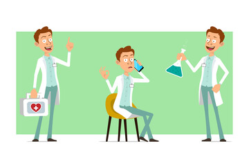Cartoon flat funny doctor man character in white uniform with badge. Boy holding chemical flasks and medical first aid kit. Ready for animation. Isolated on green background. Vector set