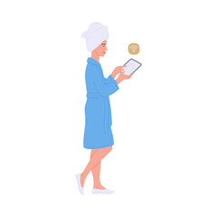 Woman holding a device for smart home system flat vector illustration isolated.