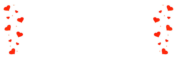 Background with gift, confetti,red hearts with copy space for text on white background. Flat lay, top view. Valentines day concept. Mother's Day concept. Banner.