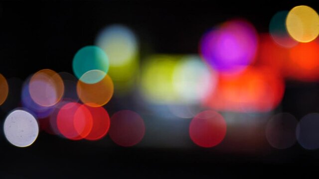Colourfull bokeh effect in night city streets at Taipei, Taiwan. Mid angle, static movement, slow motion, HD.